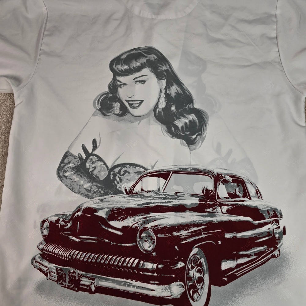 Dragonfly Bettie Page Pin Up Girl Vintage Car Button Up Shirt White XXL